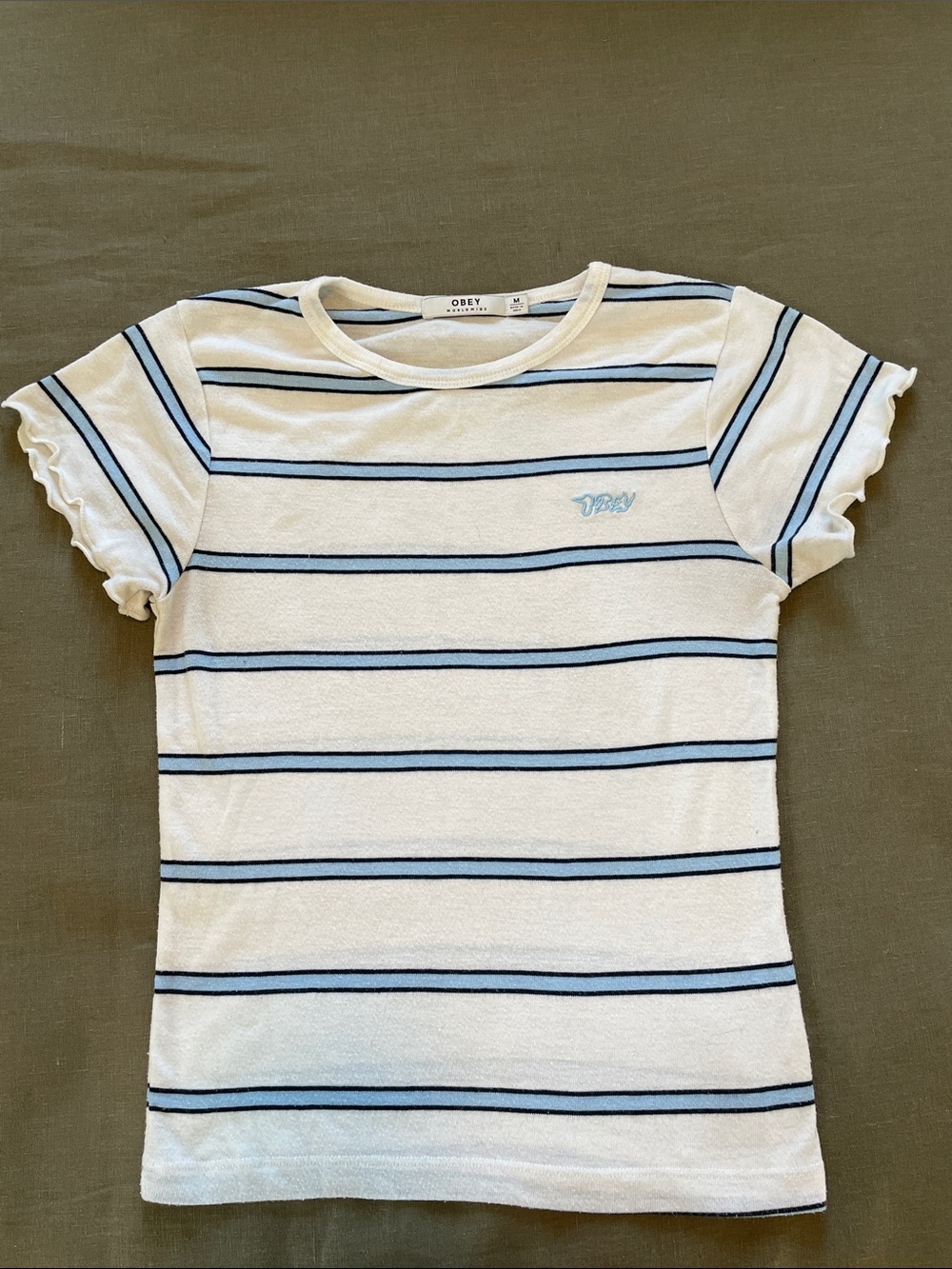 Obey White Tee with Navy & Light Blue Stripes and Ruffle Sleeves